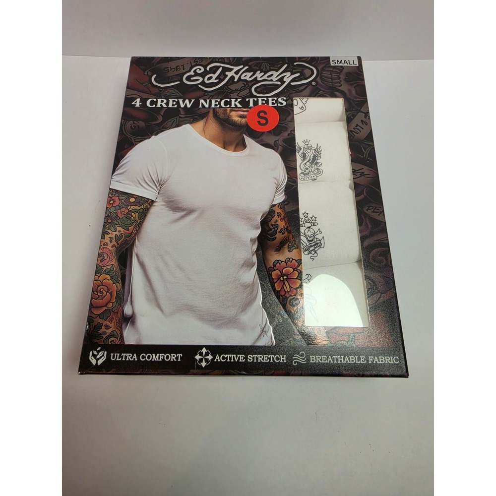 Ed Hardy Mens 4 Pack Crew Neck Tees White Graphic Undershirts Tattoo Art Small